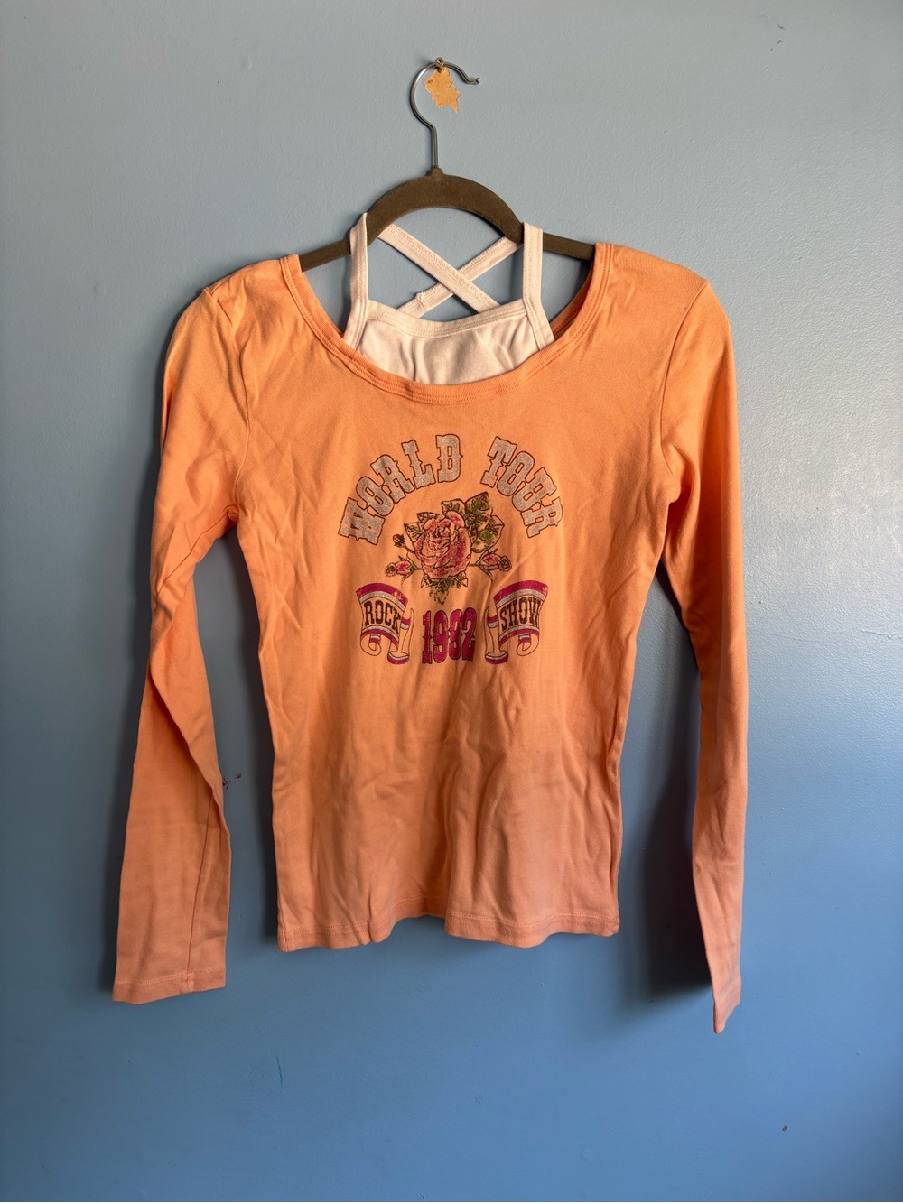 Peach Graphic Long-Sleeve Women's Top with Strappy Back Tank